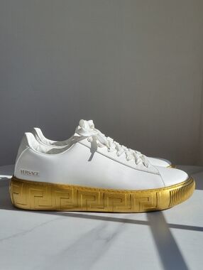 Versace White Leather Sneakers with Metallic Gold Platform Sole